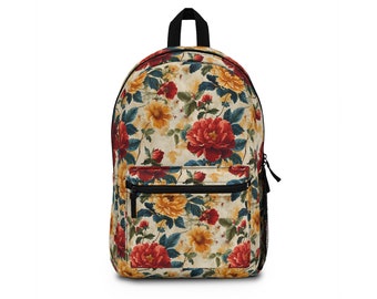 Floral Backpack, Vintage Style Flowers Pattern Waterproof School Bag, Bohemian Women's Laptop Backpack, Unique Diaper Bag, Carry On Bag
