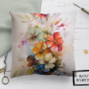Floral PILLOW with INSERT, Flowers Decorative Pillow, Square Botanical Painting Indoor Sofa Throw Pillow, Dainty Cottagecore Home Decor