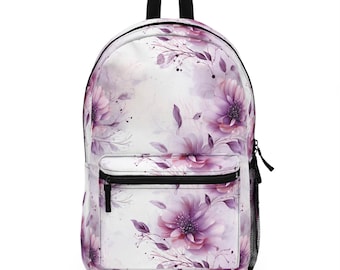 Laptoprugzak: paarse bloemen shabby chic polyester schooltas rugzak. Gewatteerde achterkant, verstelbare schouderbanden en meerdere vakken