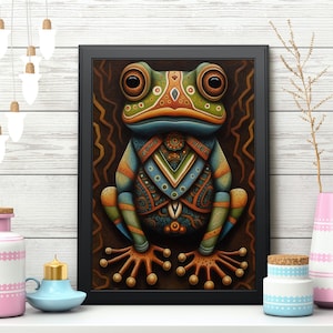 Frog Poster, Colorful Tribal Folk Art Cute Toad Print, Animal Pop Art, Unframed 12x18 / 20x30 / 24x36 in, Boho Kids Bedroom Wall Décor Idea