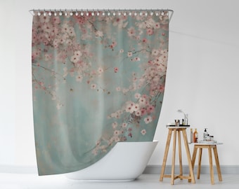 Douchegordijn kersenbloesem, sierlijk romantisch Japans geïnspireerde sakura waterdicht badgordijn met bloemen, badkamerontwerp in zen-stijl