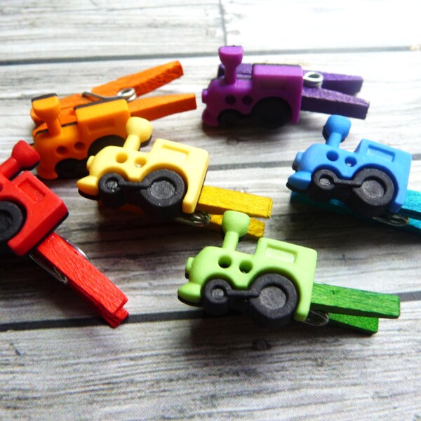 6 Colorful Choo Choo Trains Decorative Mini Wooden Clothes Pins - Clothes Pegs - Party Favors - Photo Clips - Craft Supplies - CPB10