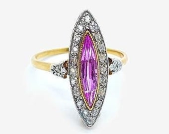 Vintage Art Deco Ring with Marquise Pink Sapphire and Old-Cut Diamonds in 18k Yellow Gold