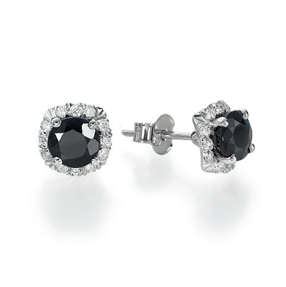 Black Sapphire Halo Diamond Stud Earrings Etsy Australia