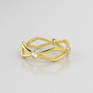 Delicate Geometric Gold Ring, 14K Gold and Natural Diamonds, Minimalist Diamond Ring, Dainty Gold Ring, Unique Gold Band