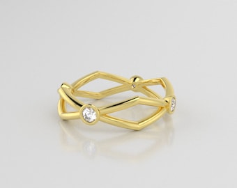Delicate Geometric Gold Ring, 14K Gold and Natural Diamonds, Minimalist Diamond Ring, Dainty Gold Ring, Unique Gold Band