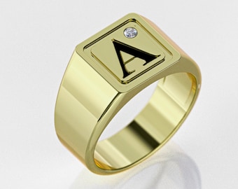 14k Solid Gold Monogram Signet Ring, Personalized Men Rings