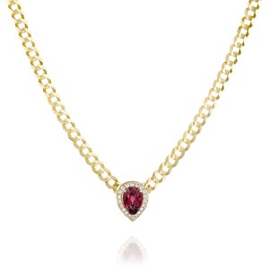 14k Gold Cuban Chain Choker with Pear-Shaped Ruby and Diamond Halo – Bold Statement Necklace – Luxury Gold Gemstone Jewelry for Women