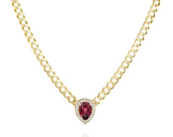 14k Gold Cuban Chain Choker with Pear-Shaped Ruby and Diamond Halo – Bold Statement Necklace – Luxury Gold Gemstone Jewelry for Women