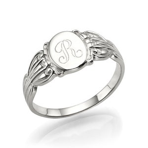 White gold signet monogram ring, vintage style signet ring Gold or Silver
