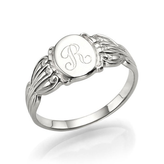 White Gold Signet Monogram Ring Vintage Style Signet Ring Gold or Silver Etsy