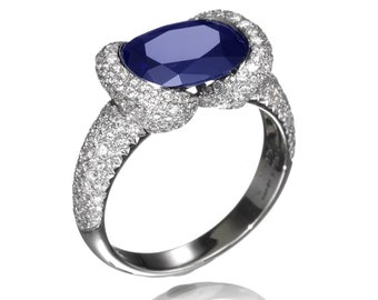 Rare Blue Sapphire Oval Cut Diamond Cocktail Ring in 18K White Gold