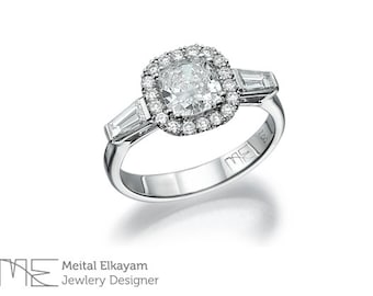 Anel de noivado Halo Diamonds com corte almofadado em ouro branco 18K