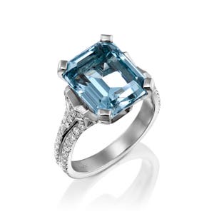 18K Diamonds and Exclusive Deep Blue Aquamarine Emerald Cut Ring