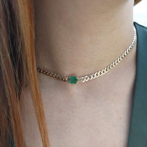 14k Gold Gemstone Choker Chain With Stunning Square Emerald