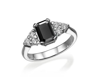 Onyx  and Natural Diamond Art Deco Inspired Engagement Ring