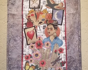 Frida Kahlo Quilted Collage wall hanging - "Frida's Garden"   Original  Fabric Folk Art
