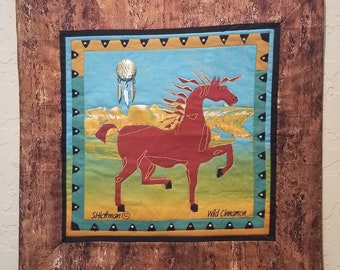 Quilted Wall hanging with contemporary horse- "Wild Cinnamon"-  S. Hickman vintage fabric - 15" x 15"