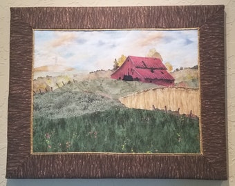 Quilted  American Landscape -  "Old Red Barn in Rolling Hills" -  Appliqued Art for your Farmhouse
