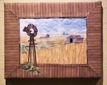 Quilted  Landscape Art  - "Peaceful  Prairie  " -  Original Appliqued Fabric Wall Art - Windmill on the Farm