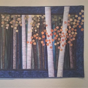 Quilted Landscape wall hanging- "Aspen at Twilight" - Original Nature Art in appliqued fabric