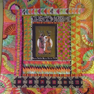 Contemporary  African- inspired Medallion Art  quilt in Pinks and Oranges- &quot;Sun Up to Sun Down&quot;- Professionally quilted,  58&quot; x 65&quot;