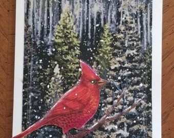 Hand-made Quilted Greeting Card- Cardinal in Snow- Blank with envelope