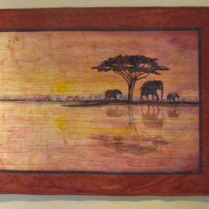 African Landscape wall Hanging Elephant Walk with Elephant family at a watering hole at Sunset Original Art Quilt image 1