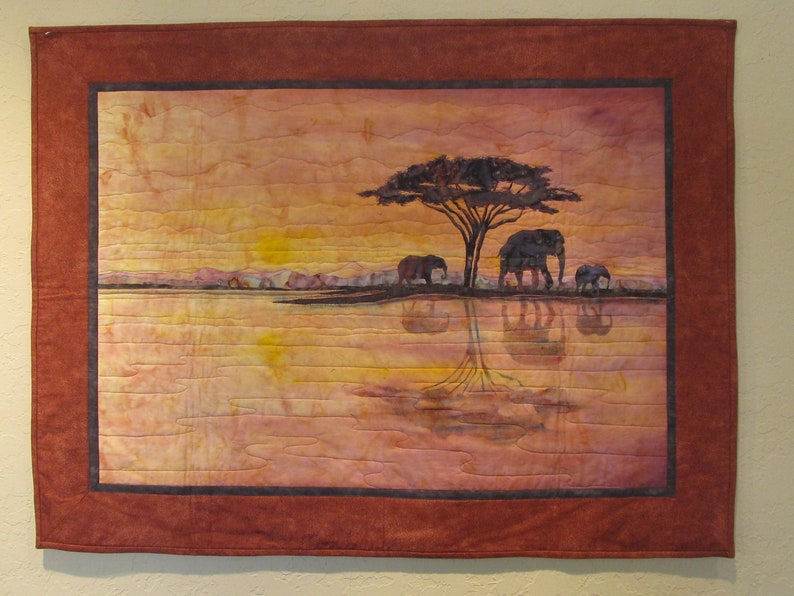 African Landscape wall Hanging Elephant Walk with Elephant family at a watering hole at Sunset Original Art Quilt image 1