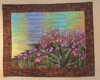 Quilted Floral Landscape wall hanging-  "Wild Iris along the Shoreline" , Original  Appliqued Art Quilt with water, flowers and a frog