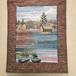 Quilted Landscape wall hanging with trees and lake-- &quot;Camp Caribou&quot; -  Original  Appliqued Fabric Art
