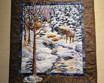 Winter Nature Landscape Quilt wall hanging- "Waiting for Spring II "- Snowy woodsy scene with moose and owl