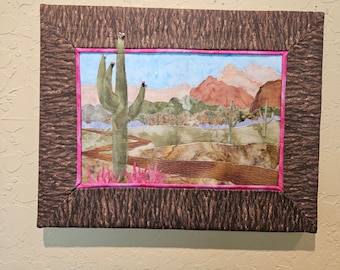 Quilted Landscape Art- "Desert in Bloom"- Original Appliqued Fabric Art
