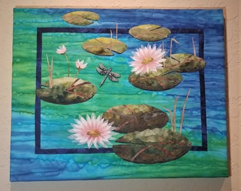 Nature Art- "Pond Symphony" :  Quilted/Appliqued Fabric Collage with water lilies and beaded Dragonfly Charm