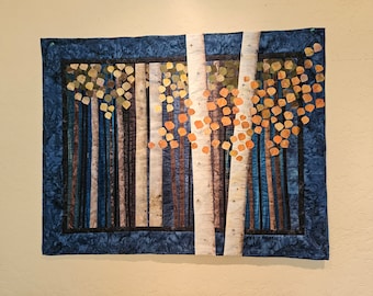 Quilted Landscape wall hanging- "Aspen at Twilight" - Original Nature Art in appliqued fabric