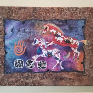 Southwest Collage Art with Horses, original fabric art mounted on gallery wrapped canvas with wood bars