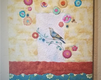 Original Quilted Art- " Birds of a feather" - Handmade, Appliqued Fabric Collage