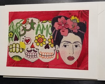 Day of the Dead - Halloween blank cards- featuring Frida Kahlo- Original Appliqued fabric collage