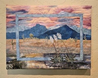 Gesteppte Wüstenlandschaft - Sonoran Sunset - Original applizierte Stoffkunst - 30,5 x 40 cm
