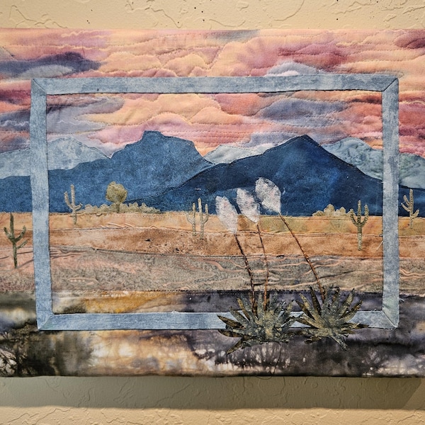 Gewatteerd woestijnlandschap-zonsondergang Sonora-originele geappliceerde stofkunst-12 "x 16"