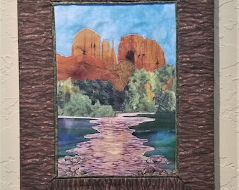 Quilted  Southwestern Landscape Art:  "Red Rocks of Sedona"- Original, Appliqued Fabric Art