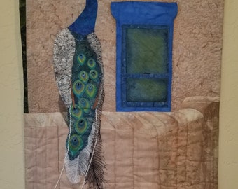 Quilted Peacock wall hanging- Original Appliqued Fiber Art Quilt-"Reveille at Daybreak"