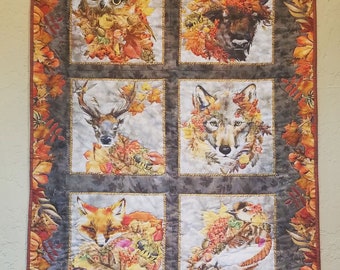 Quilted Fall Nature Art- Woodsy Animals wall hanging  in Harvest colors- " Our Autumn Friends" by In the Beginning fabric