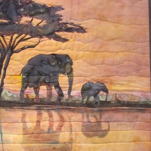 African Landscape wall Hanging Elephant Walk with Elephant family at a watering hole at Sunset Original Art Quilt image 2