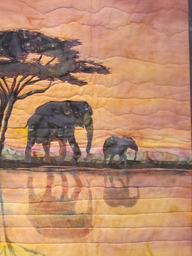 African Landscape wall Hanging Elephant Walk with Elephant family at a watering hole at Sunset Original Art Quilt image 2