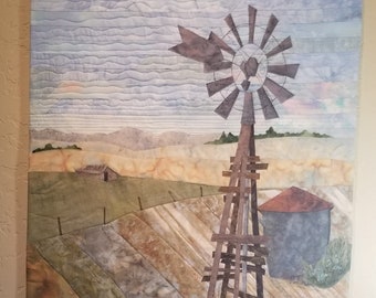 Landscape quilt- Fresh Farmhouse Quilted  Art- "Field Sentinel" - Original Appliqued wall hanging with Large Windmill