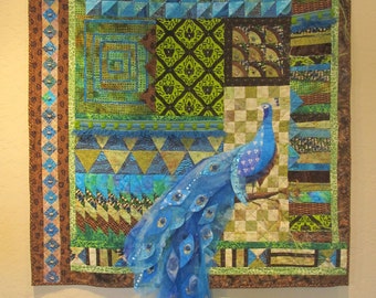 Peacock Quilted  Art-  Original appliqued, pieced and quilted wall hanging featuring large three-dimensional peacock with beading