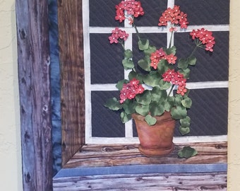 Quilted Still life Art with  Geraniums in the Window- Original fabric collage wall hanging