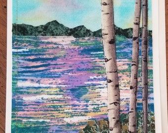 Tarjetas de arte paisajístico- Original, hechas a mano, aplicadas -tela acolchada - En blanco con sobres