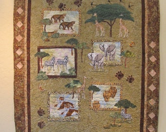 Quilted African wall hanging collage with animals/acacia trees- Life on the Serengeti- Pieced, Appliqued, Hand embroidered, Original design